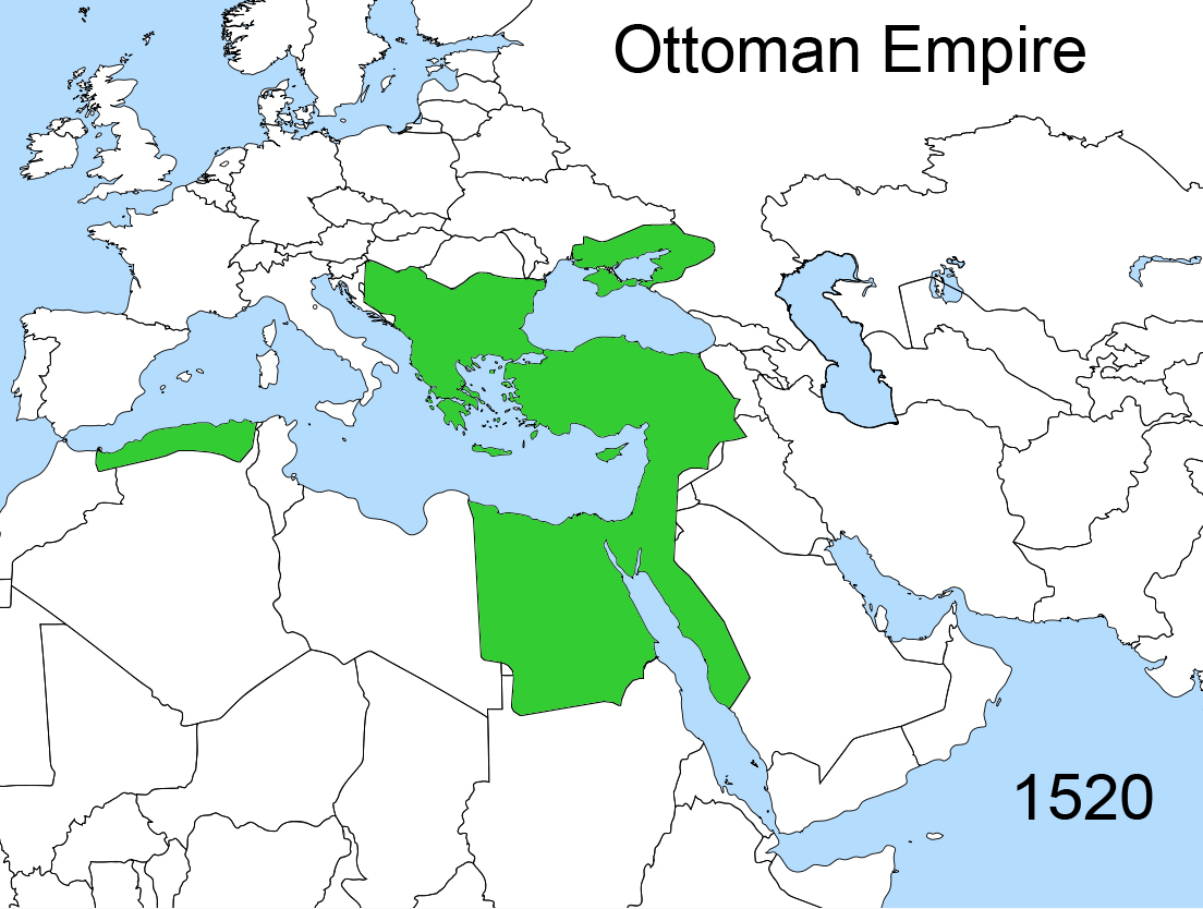 Map of North Africa, the Middle East, and Europe displaying the vast territories within the Ottoman Empire.