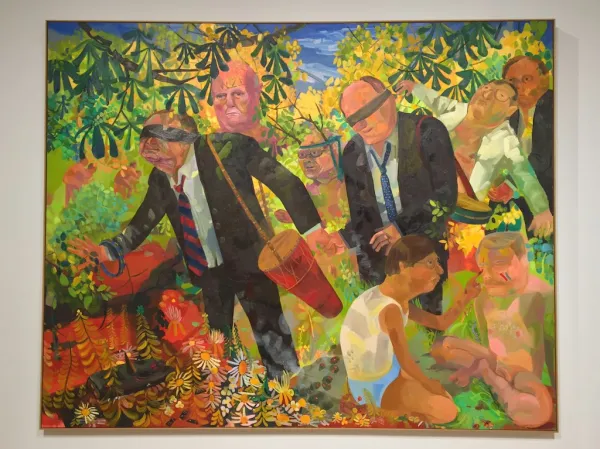 3 men in suits with blindfolds and 3 men in shorts in an orchard