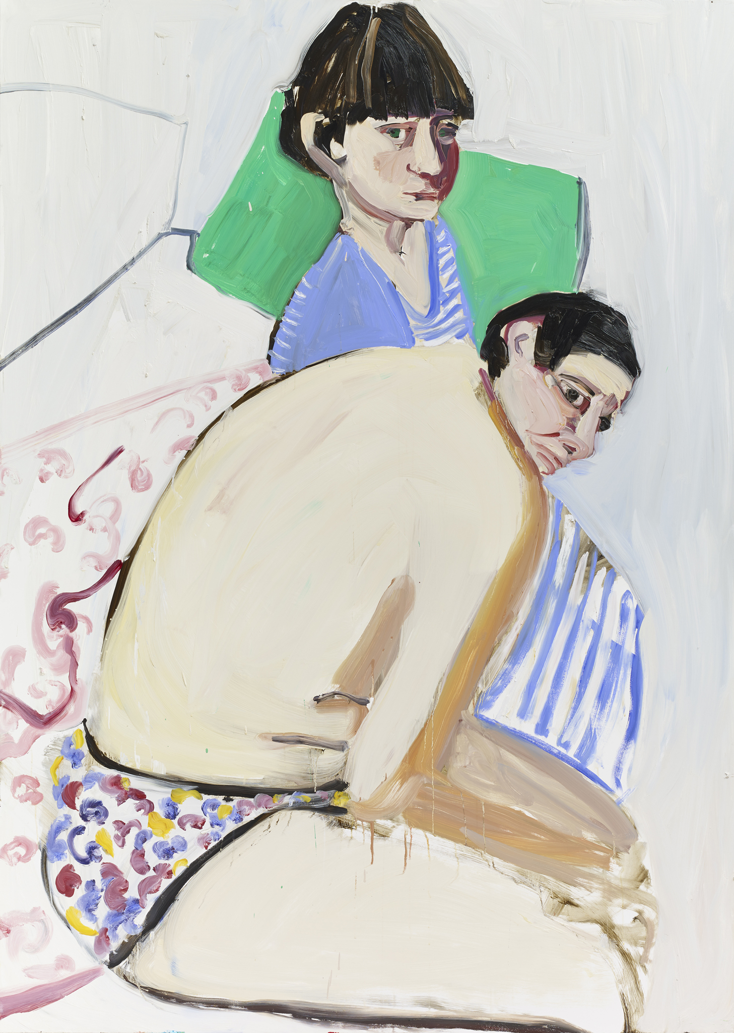 a man in his underwear and a woman in a blue striped dress siggin on the bed