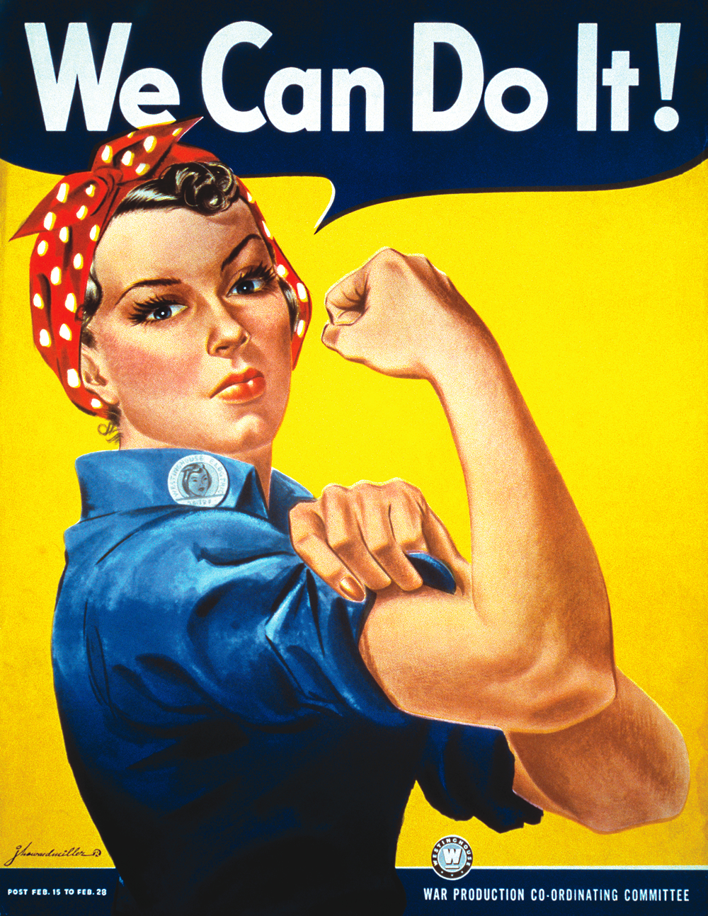 Rosie the Riveter is wearing a red and white polka dot headband and blue shirt and is flexing her arm muscle. Details in text.