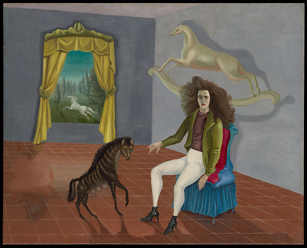 a woman sitting in a room with a hyena and a white horse outside