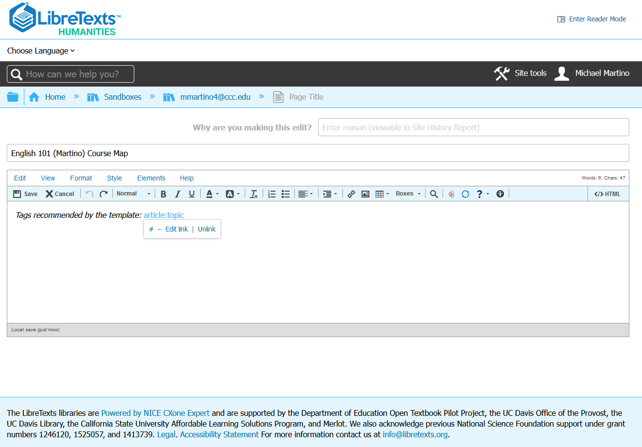 Screenshot showing a newly created page in the Sandbox.