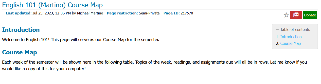Screenshot showing a rudimentary online page for a college course, with headings and normal-sized text.