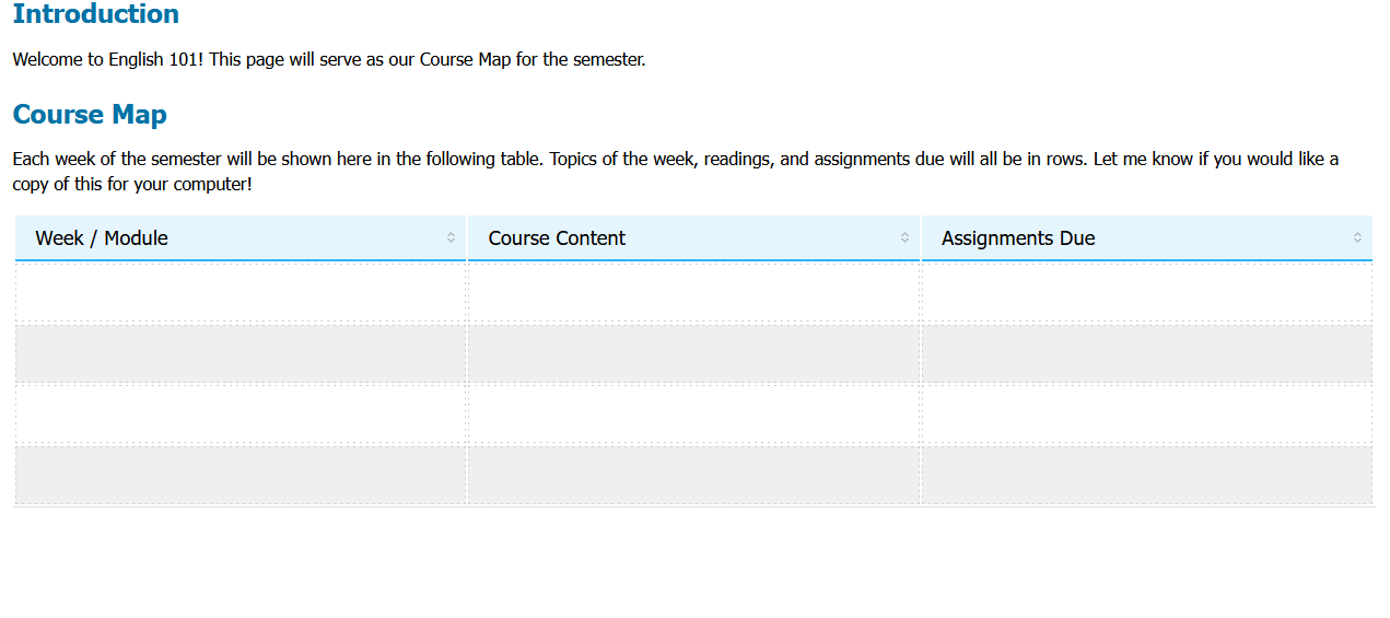 Screenshot showing a table with its first row highlighted in a light blue, and given the following labels from left to right: "Week slash Module, Content, and Assignments slash Readings due before class."