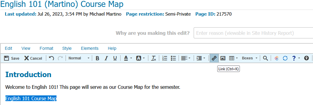 Screenshot showing highlighted text that reads "English 101 Course Map." The mouse is hovered over the icon in the editor for "Link (Control + K)."