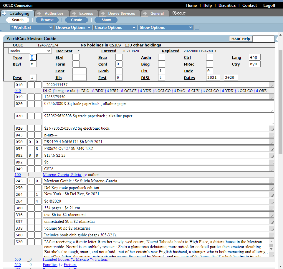 Screenshot of a MARC record page on OCLC Connexion.