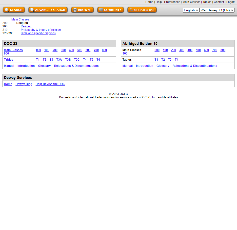 Screenshot of the WebDewey page of the 200 class range.