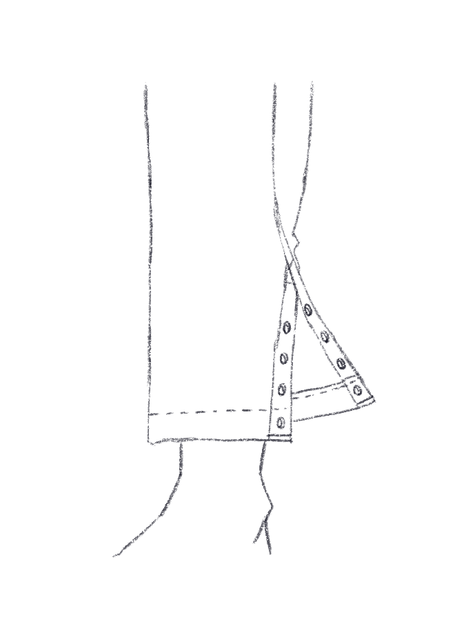 An illustration of pants with snap closures along the leg inseam.