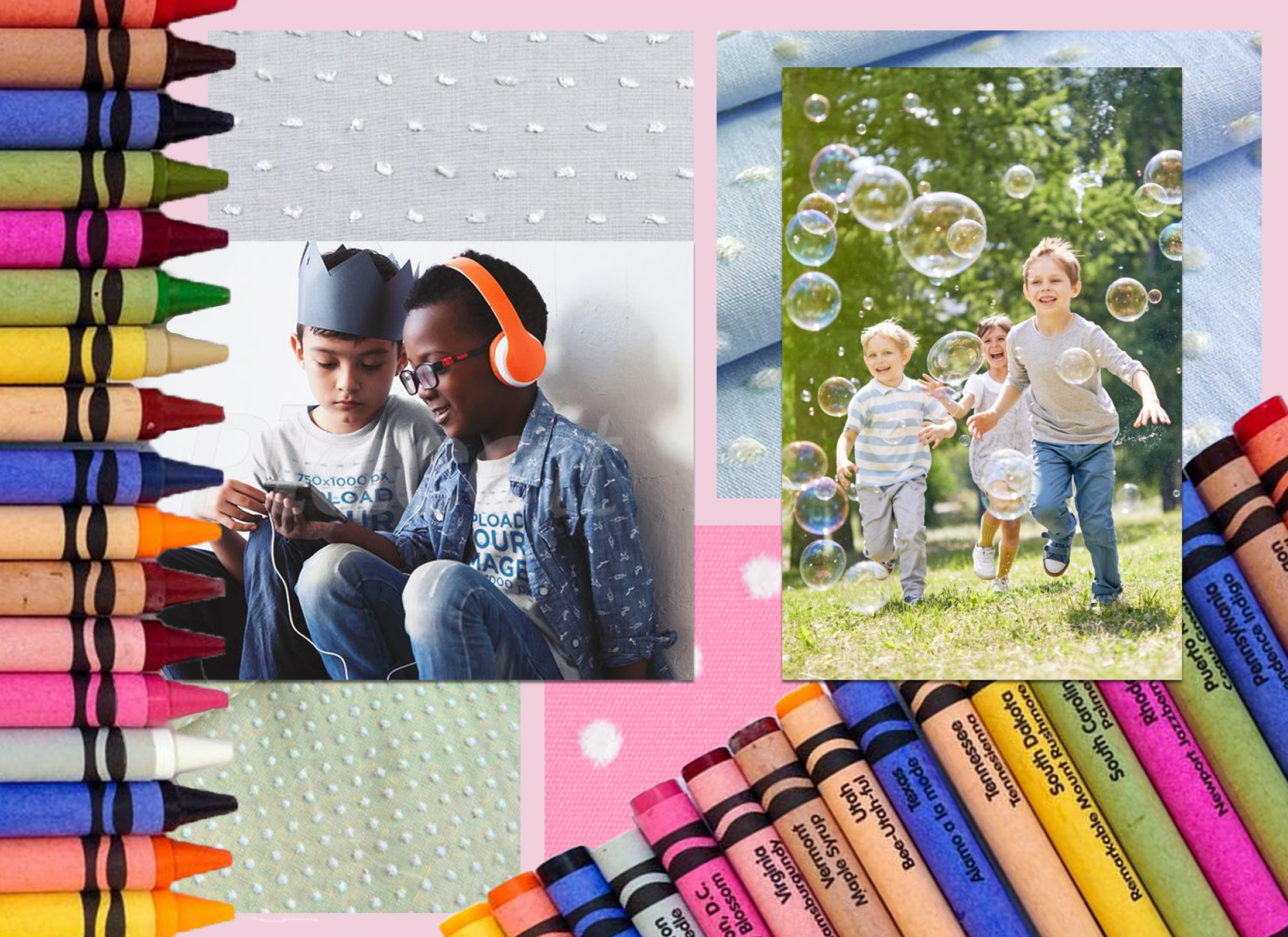 Photos of children playing are framed by transparent images of crayons in the foreground and colorful fabrics in the background, simulating a "scrapbook-like" feel.