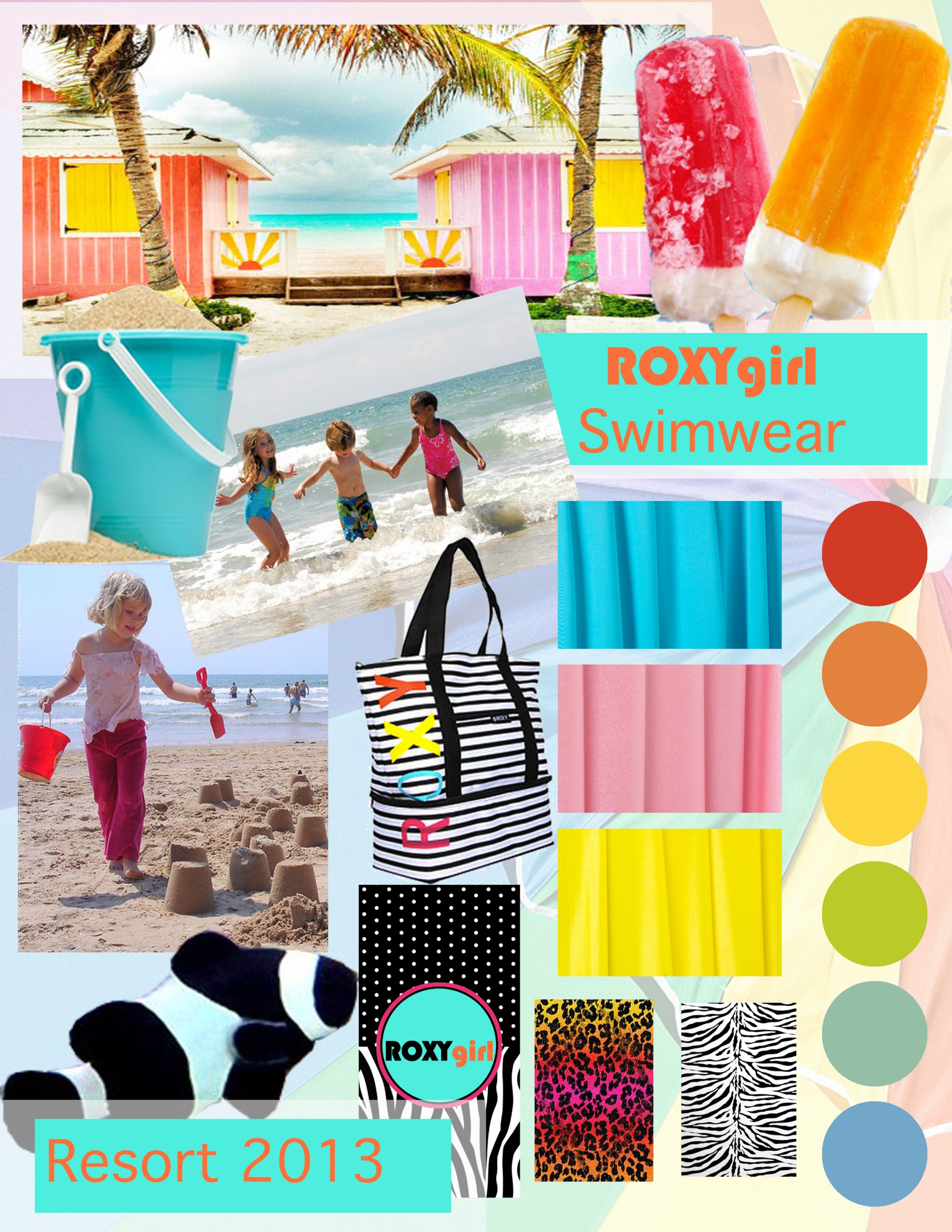 Photos of colorful popsicles and children playing on the beach are presented alongside a set of colors (muted blue, blue-green, chartreuse, yellow, orange, and light red) and patterned prints (leopard and zebra-print).