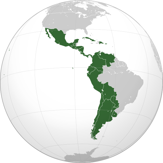 Globe showing Central and South America. Spanish-speaking countries indicated in green.