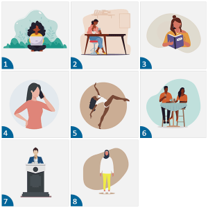 People completing various tasks: 1. working on a computer 2. eating 3. studying 4. talking on the phone 5. ballet 6. talking with a friend 7. singing 8. watching