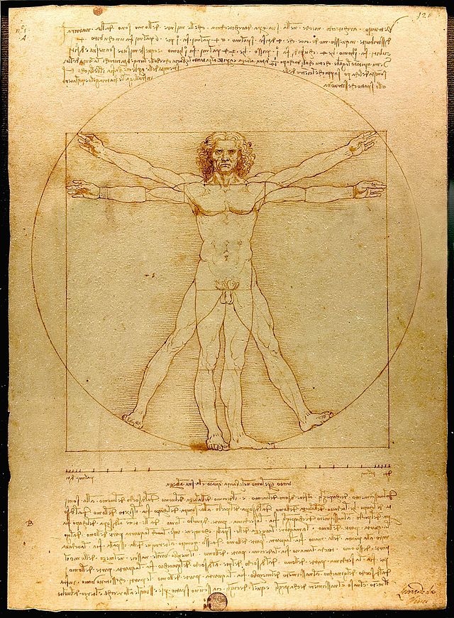Drawing of a man in two superimposed positions with his arms and legs apart