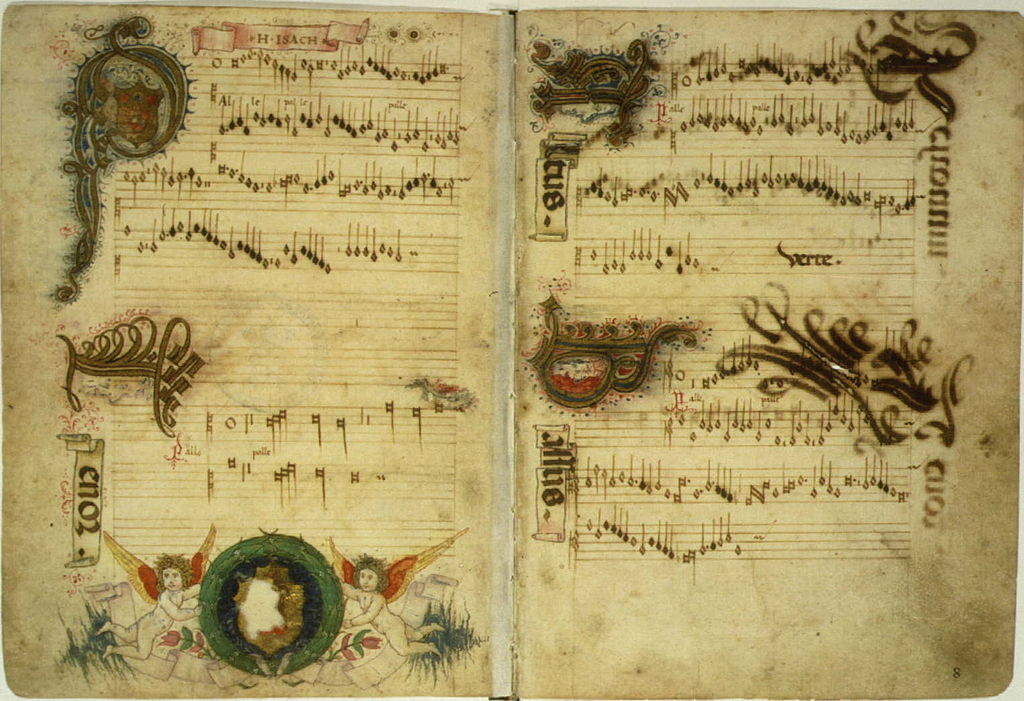 Illuminated chansonnier by Heinrich Isaac, showing the beginning of his four-voice motet Palle, palle