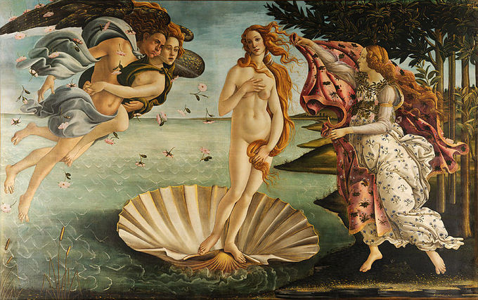 The goddess Venus is depicted as a naked woman standing on a shell.