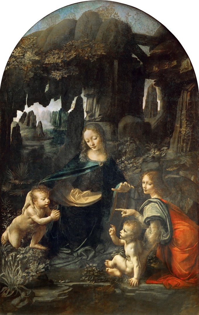 This painting shows the Madonna and Child Jesus with the infant John the Baptist and an angel, in a rocky setting