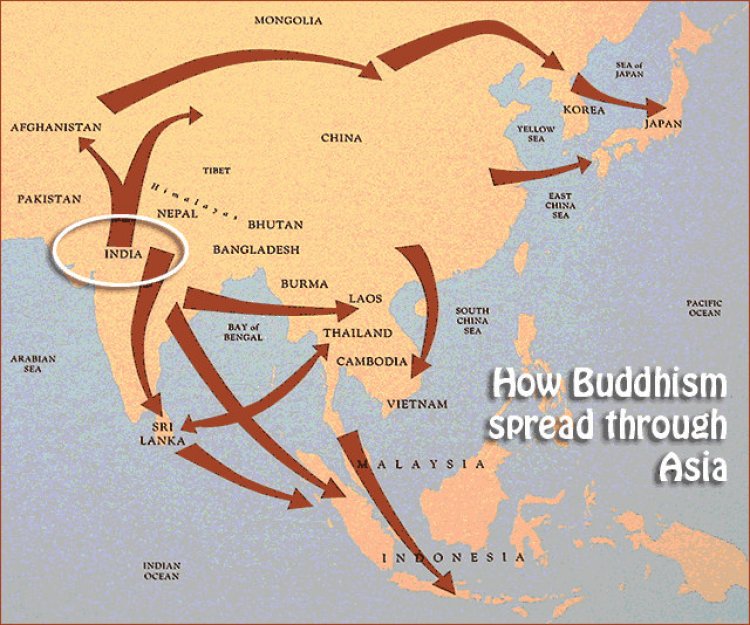 A map illustrating the spread of Buddhism from its origins in India in the 5th century BCE with the teachings of Siddhartha Gautama — the Buddha.