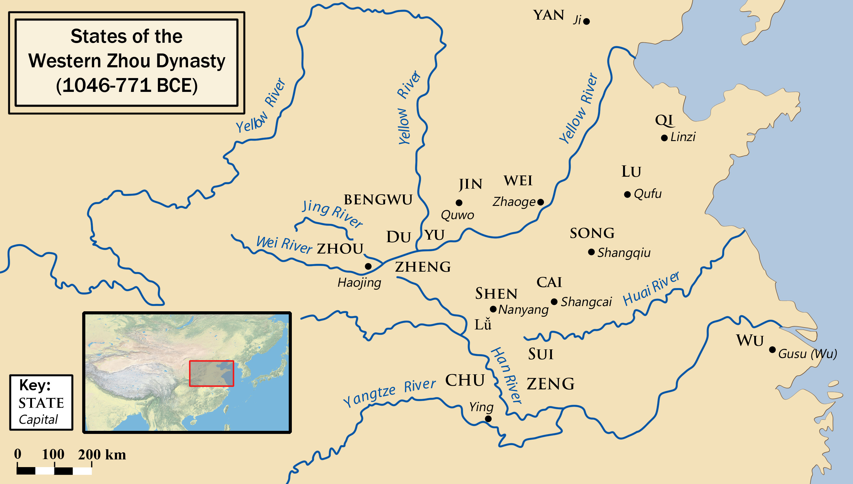 The states during the Western Zhou period (1056-771 BCE) in China. Shows the Yellow River and Yangtze River.