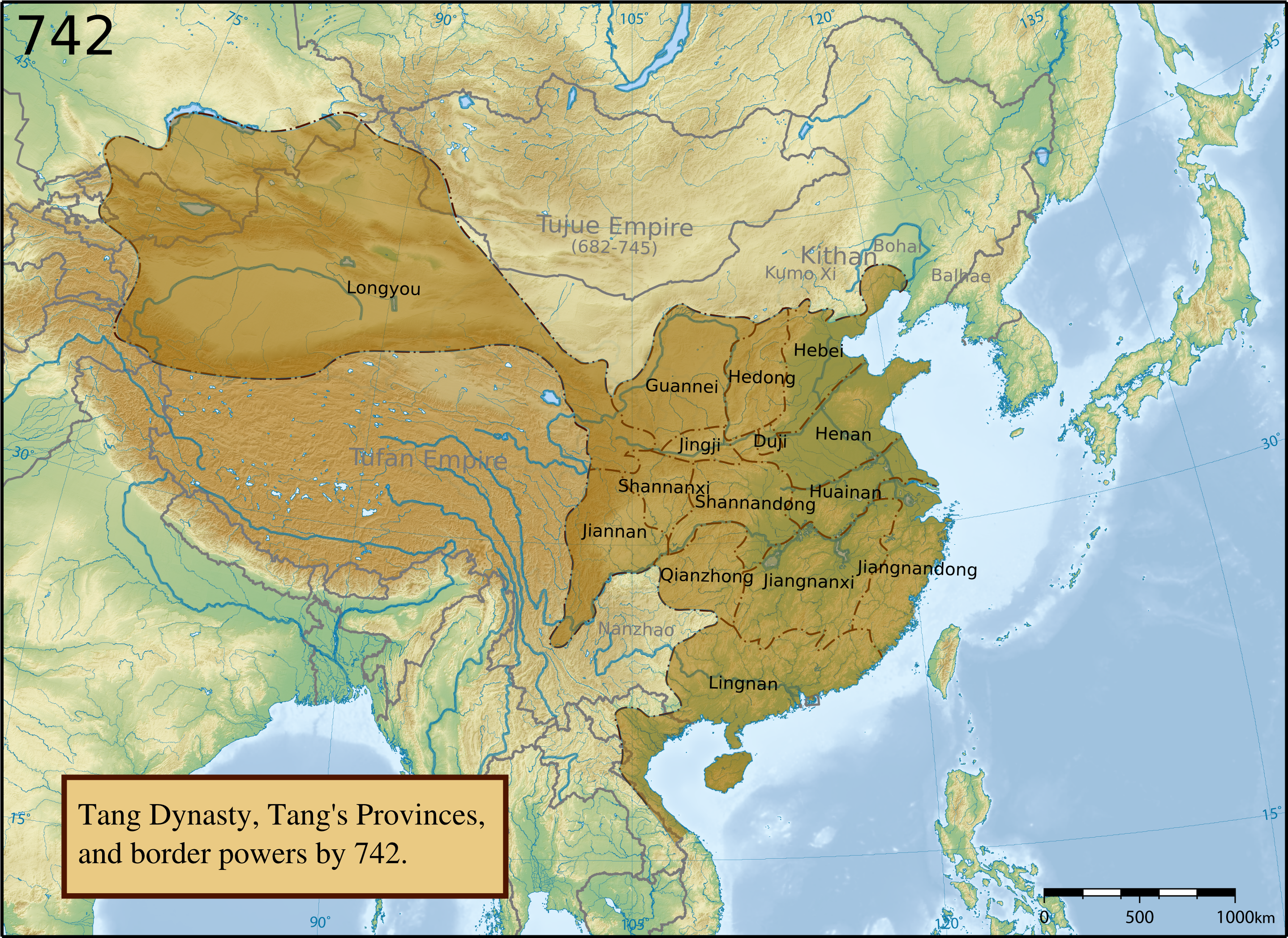 Map of the Tang Dynasty labeled with thirteen of Tang's provinces.