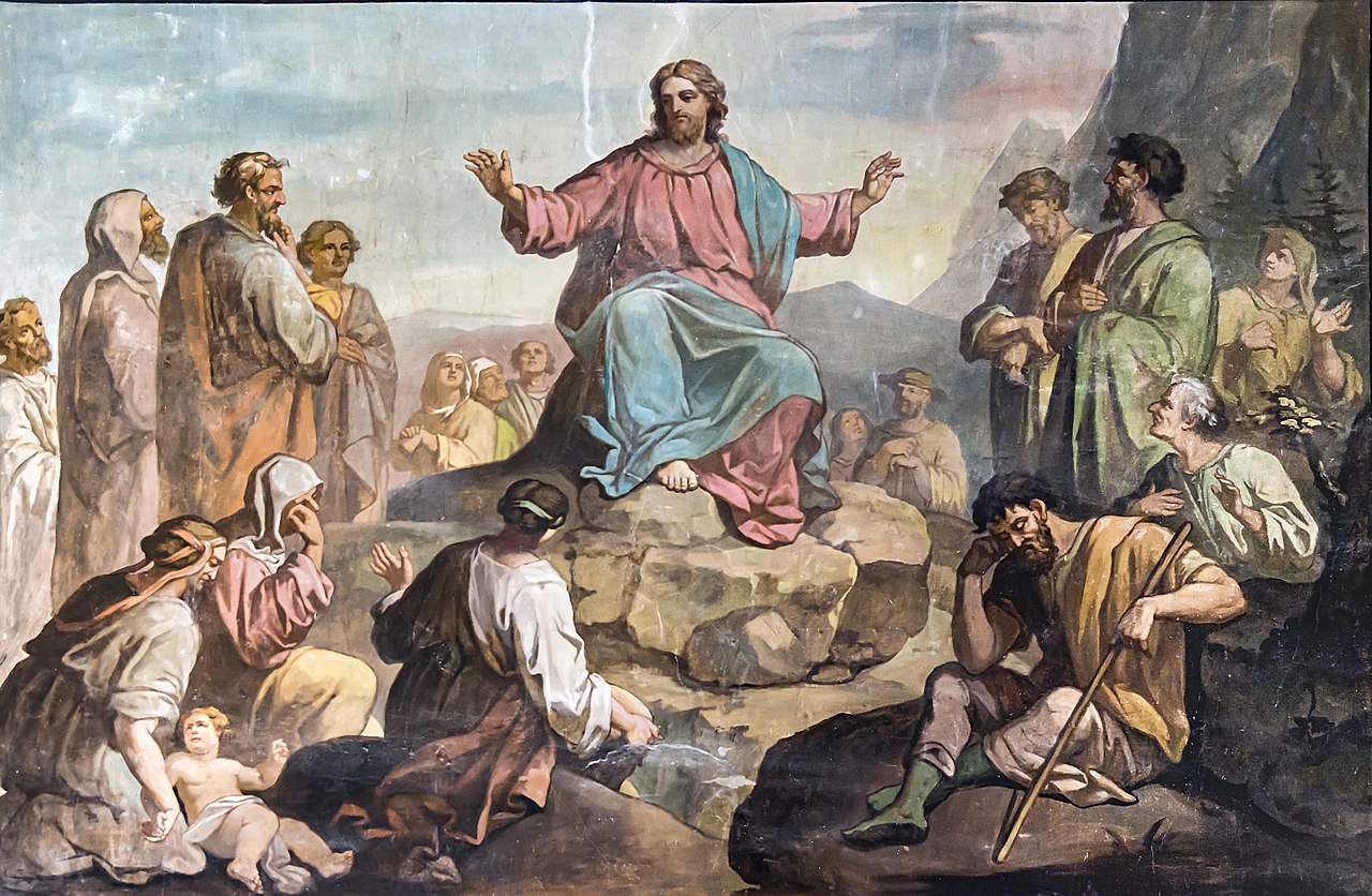 Painting of Jesus surrounded by followers, delivering His Sermon on the Mountain.