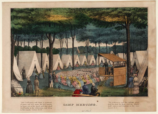 Lithograph (1849) of tent revival or camp meeting during the Second Great Awakening.