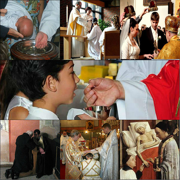 Images representing the seven sacraments of the Christian church: Baptism, Confirmation, Matrimony, Eucharist, Penance, Holy Orders and the Anointing of the Sick.