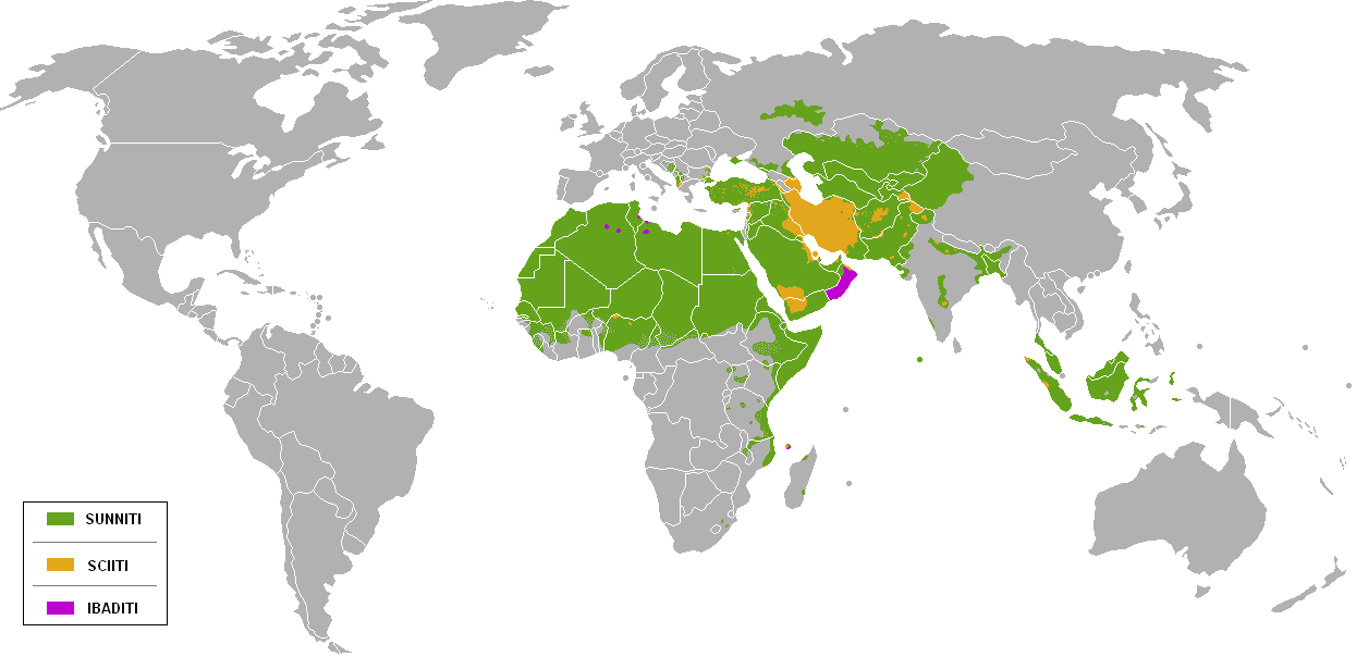 World map highlighted to represent the majority Sunni Muslims in the world; these regions include North and Eastern Africa, most of the Middle East, and parts of Southeast Asia. Other regions highlighted on the map represent the Shiite dominated nations. The smaller of the two Muslim schools, these nations include Iran and Yemen.