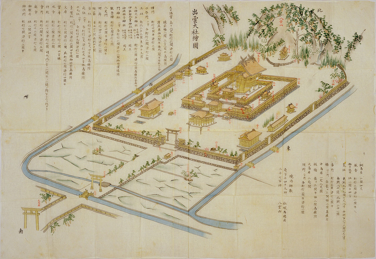 A 19th century drawing of the Shinto shrine complex at Izumo-taisha, Japan.