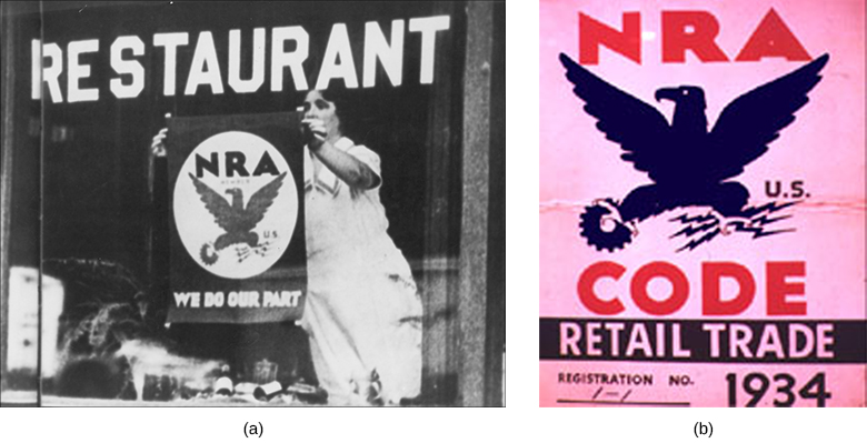 照片 (a) 显示一位餐馆老板在窗户上挂着一张海报，上面写着蓝鹰的描绘和 “NRA” 字样。 我们尽自己的一份力量。” 照片 (b) 近距离显示了蓝鹰：他的爪子在左边抓住一个机器齿轮，右边抓住三个闪电。