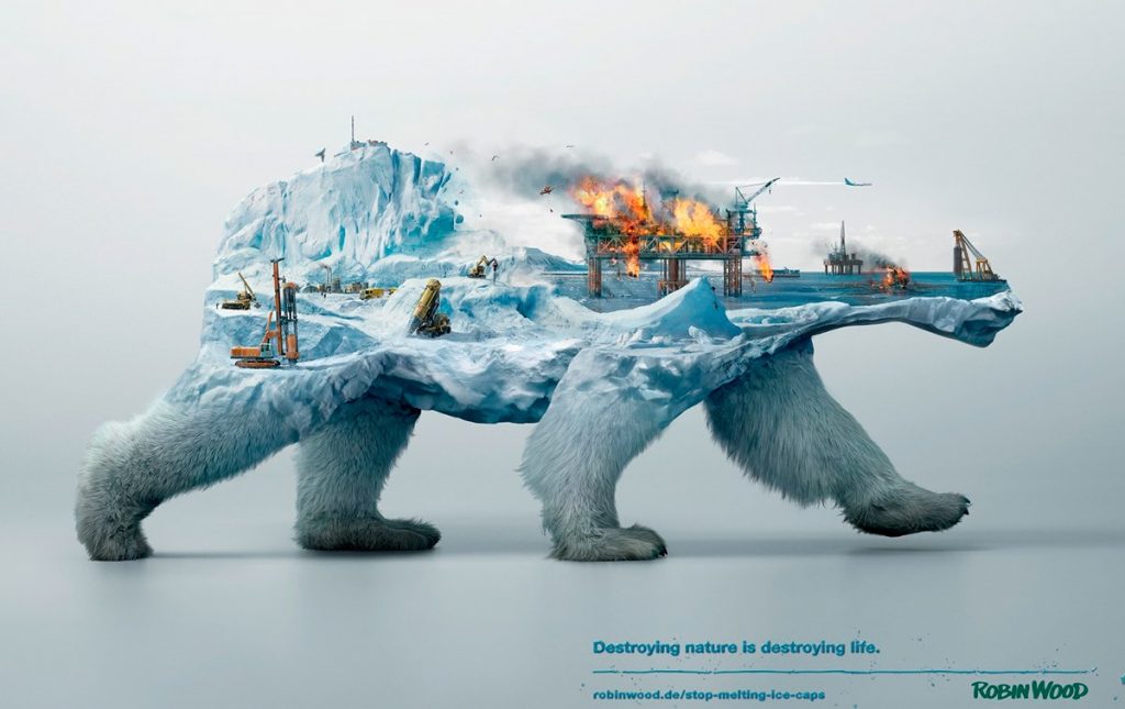 un ours polaire, duquel on peut voir les pattes et le museau. Sur le dos de l'ours, on a remplacé le dos avec un scène d'une plate-forme pétrolière en feu dans l'océan. Au coin inférieur droite, il y a des mots en anglais qui dit : « Destroying nature is destroying life ».