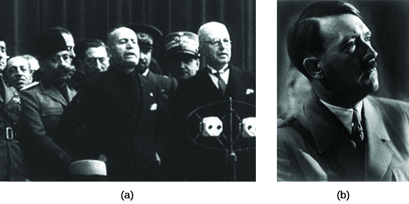 La fotografía (a) muestra a Benito Mussolini rodeado de funcionarios. La fotografía (b) es un retrato de Adolf Hitler.