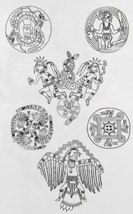 Figure 1.10: Line drawings of Mississippian iconographic themes on shell cups, c. 1300 C.E.