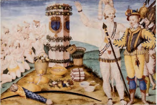 Figure 2.11: JACQUES LE MOYN E, Rene de Laudonniere and Chief Athore of the Timucua Indians at Ribaut's Column, 1564. Watercolor on vellum, 7 X 10¼ in (17.78 X 26 cm). Wallach Division of Arts, Prints and Photographs, New York Public Library. (See also p. 22)