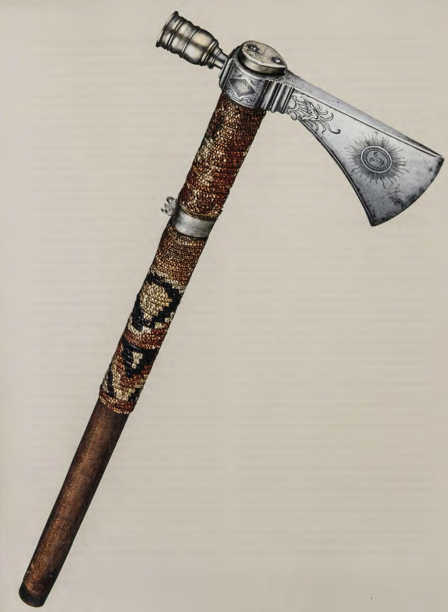 Figure 2.16: RICHARD BUTLER et al, Pipe tomahawk (see also p. xviii), c. 1770. Iron, steel, silver plate, pewter, quillwork, wood, shaft 21⅛ in (53.4 = ), blade 7¼ in (18.4 cm). Thaw Collection, Fenimore Art Museum, Cooperstown, New York