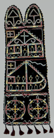 Figure 2.18: Wall pocket, Anishnabe, Great Lakes Region, c. 1800. Quillwork on hide, 20⅞ X 8½ in (53 X 21.5 cm). Field Museum, Chicago, Illinois.
