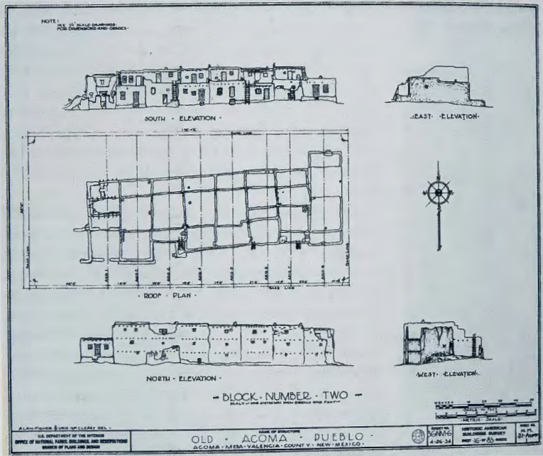 Figure 2.28: Elevation drawing of Old Acoma Pueblo, New Mexico, 1934. Drawing. US Department of the Interior