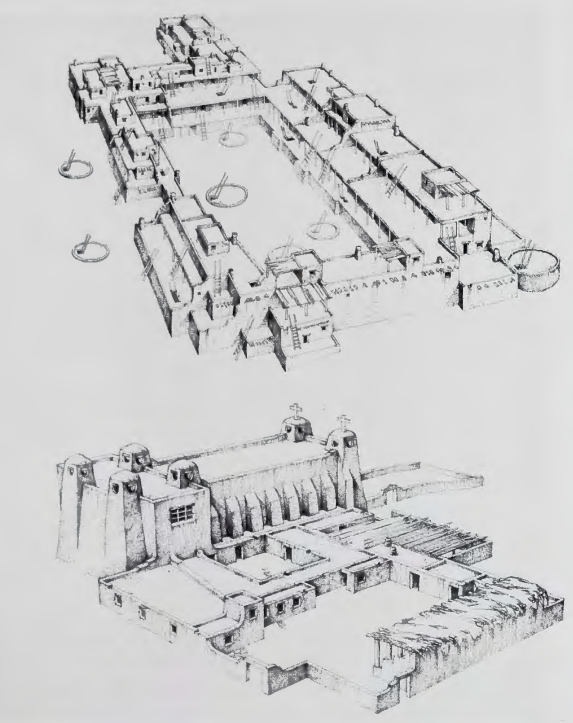 Figure 2.36: Pecos Pueblo, 16th century, and church, 17th century. Reconstruction drawings. Southwest Parks and Monuments Association, Tucson, Arizona.