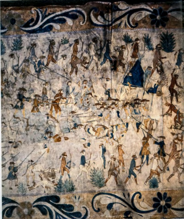 Figure 2.37: The battle scene at the right of the Spanish camp (Segesser 11 ), c. 1720. Pigment on hide, 17 X 4½ ft (4.31 X 1.14 m ). Museum of New Mexico, Santa Fe, New Mexico.