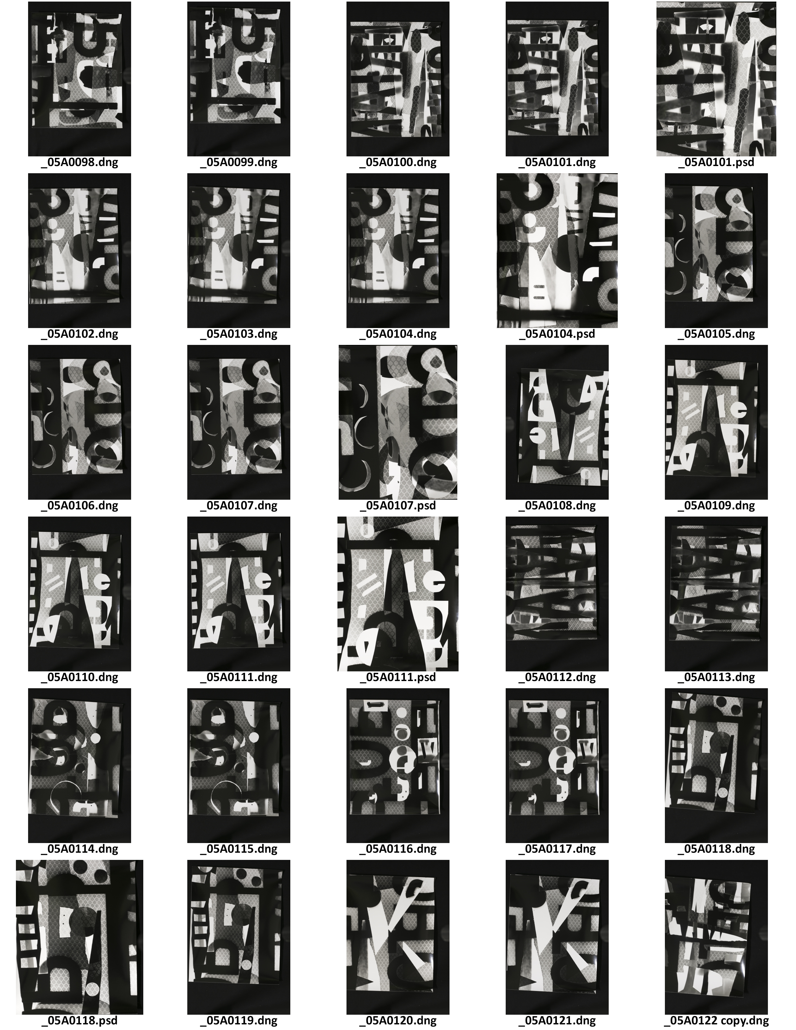 contact sheet of black and white abstract images
