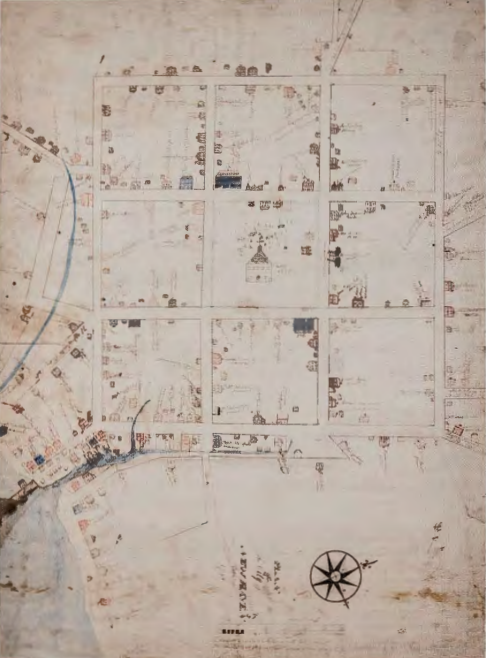 Figure 3.6: 6 JAMES WADSWORTH, Plan of New Haven, Connecticut (plan attributed to Theophilus Eaton, 1638), 1748. Watercolor, size? Beinecke Library, Yale University, New Haven, Connecticut.