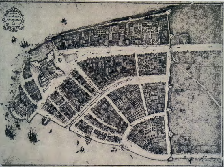 Figure 3.9: JOHN WOLCOTT ADAMS & I.N. PHELPS STOKES (based on unknown artist's map), Redraft of the Castello Plan, New Amsterdam in 1660, from a manuscript Plan of New Amsterdam, 1660. Engraving, 1916 (after a manuscript original in the Medici Library, Florence). Stokes Collection, New York Public Library.