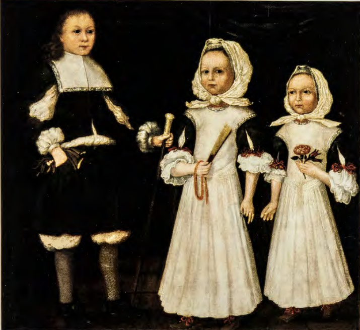 Figure 3.15: THE FREAKE-GIBBS PAINTER (attrib.), The Mason Children: David, Joanna, and Abigail, Boston, 1670. Oil on canvas, 39 X 42½ in (99 X rn7.9 cm). Pine Arts Museums of San Francisco, California.