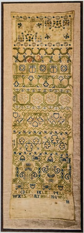 Figure 3.36: MARY HOLINGWORTH , Sampler, Salem, Massachusetts, c. 1665. Linen with silk floss, height 25 in (63.5 cm), width 7½ in (19.5 cm). The Peabody Essex Museum, Salem, Massachusetts.