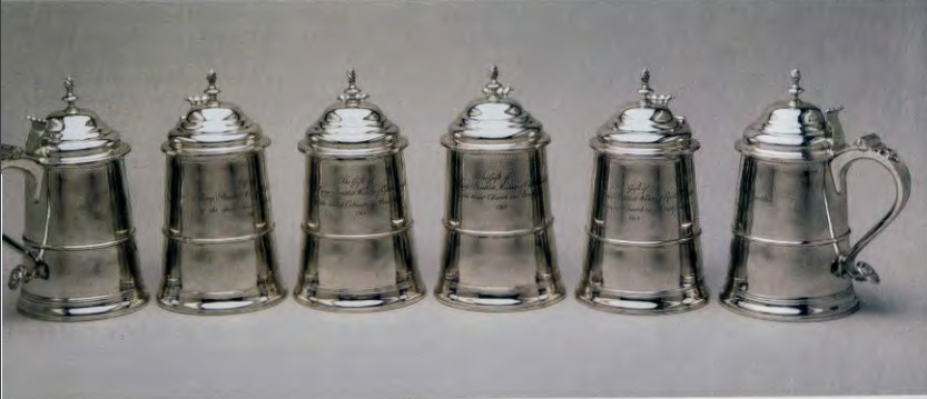 Figure 4.23: PAUL REVERE , Set of six tankards bought by the Third Church of Brookfield, Massachusetts, with a legacy of Mary Bartlett, 1772. Silver, 89¼ in (226.6 cm) high. Winterthur Museum, Winterthur, Delaware.