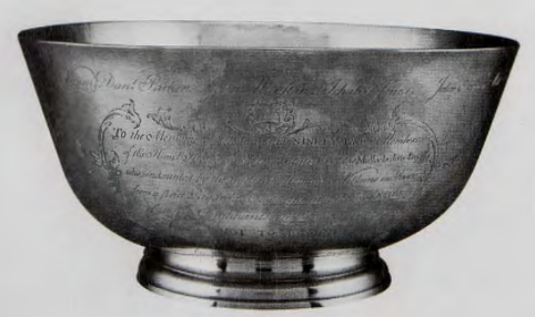 Figure 4.24: PAUL REVERE , Sons of Liberty Bowl, 1768. Silver, height 5½ in (13.9 cm); depth of base 513⁄16 in (14.7 cm); depth of lip n in (27.9 cm ). Museum of Fine Arts, Boston, Massachusetts.