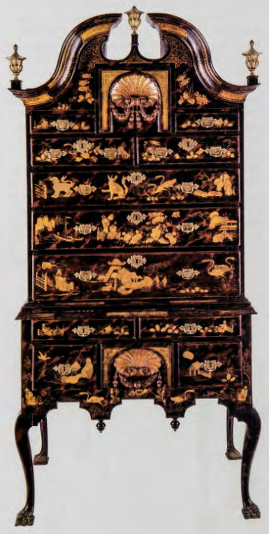 Figure 4.25: JOHN PIMM (cabinetmaker) & THOMAS JOHNSON (japanner) (attribs.), High chest of drawers, Boston, 1740-50. Japanning on maple and white pine, 95¾ (243.2 cm) high, 42 in (106.6 cm) wide, 24½ in (62.2 cm) deep. Winterthur Museum, Winterthur, Delaware.