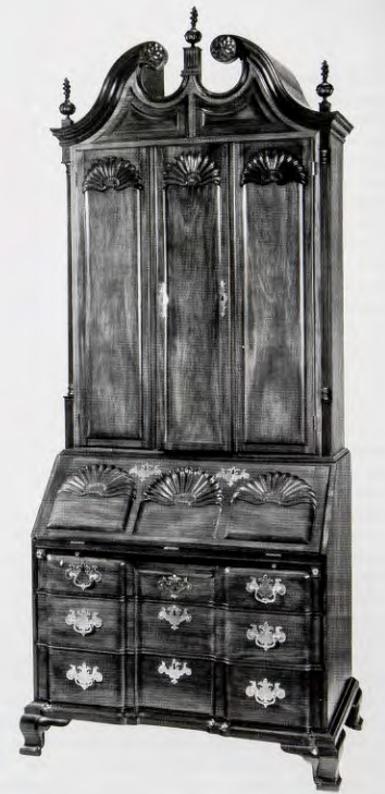 Figure 4.27: JOHN GODDARD, Desk-and-bookcase, Newport, Rhode Island, 1760- 90. Mahogany; black cherry, chestnut, white pine, 106¾ in (271 cm) high, 44¾ in (113.6 cm) wide, 25¼ in (64.1 cm) deep. Yale University Art Gallery, New Haven, Connecticut.