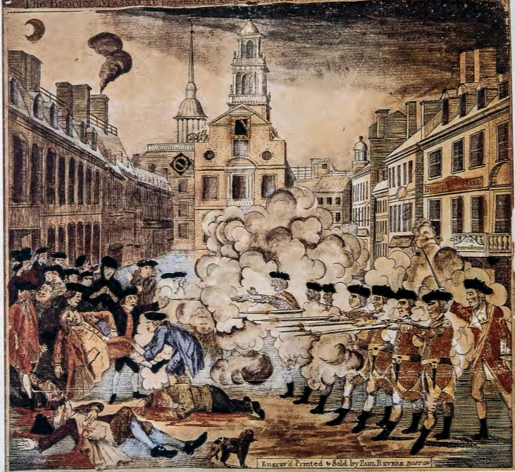 Figure 5.2: PAUL REVERE, The Bloody Massacre, 1770. Hand-colored engraving, 10 x 8 in (26 x 22 cm). Private Collection.