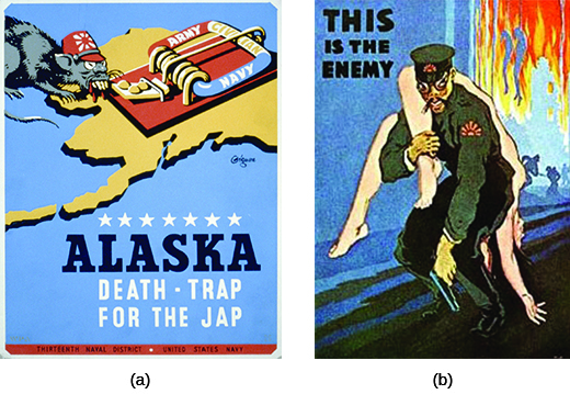 海报（a）描绘了一只老鼠，它被大量讽刺成日本人，正在向位于阿拉斯加形状的陆地上的捕鼠器爬行。 陷阱被标记为 “陆军/民用/海军”，下面的文字写着 “阿拉斯加/日本人的死亡陷阱”。 海报（b）描绘了一位被严重讽刺的日本军官，一名裸体白人妇女无奈地扔在肩膀上；背景中大火肆虐，还可以看到悬挂的尸体。 文中写着 “这是敌人”。