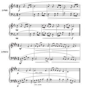 There are two two-part melodies that contain more frequent adjacent leaps within the tonic triad as well as dynamic and articulation markings.